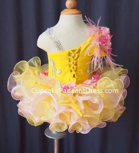 One Shoulder Bling Bling Feather Infant/Baby/Newborn/Little Girls Cupcake Pageant Dress