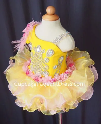 One Shoulder Bling Bling Feather Infant/Baby/Newborn/Little Girls Cupcake Pageant Dress