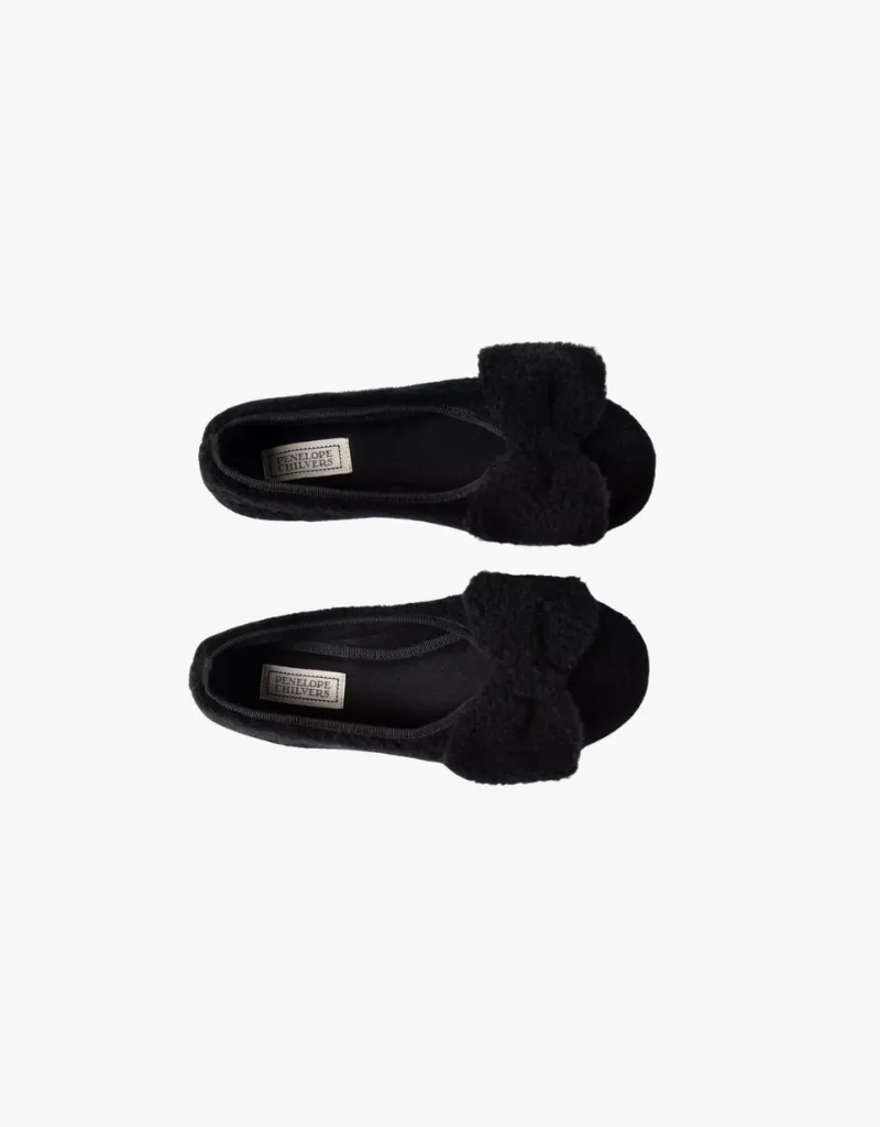 Penelope Chilvers Celeste Shearling Bow Slippers in Black