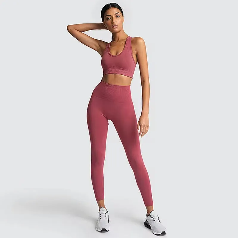 Seamless Hyperflex Women's Athletic Workout Set: Long Sleeve Crop Top and High Waist Leggings (2 Pieces)