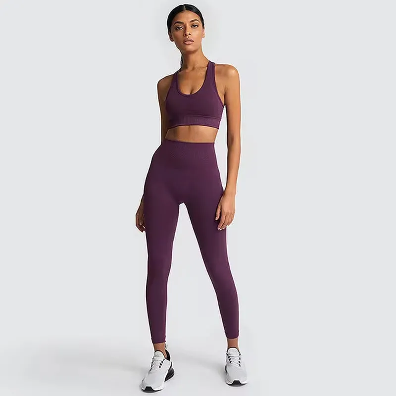 Seamless Hyperflex Women's Athletic Workout Set: Long Sleeve Crop Top and High Waist Leggings (2 Pieces)