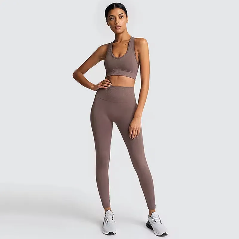Seamless Hyperflex Women's Athletic Workout Set: Long Sleeve Crop Top and High Waist Leggings (2 Pieces)