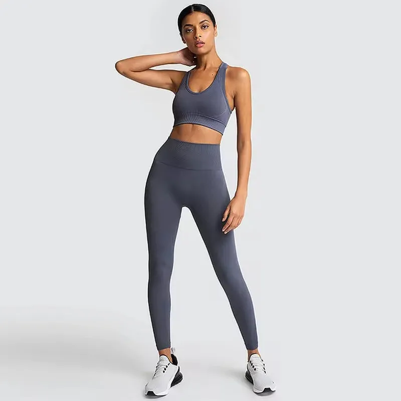 Seamless Hyperflex Women's Athletic Workout Set: Long Sleeve Crop Top and High Waist Leggings (2 Pieces)