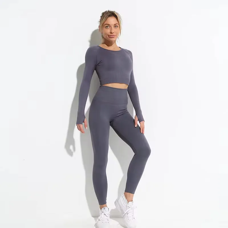 Seamless Hyperflex Women's Athletic Workout Set: Long Sleeve Crop Top and High Waist Leggings (2 Pieces)