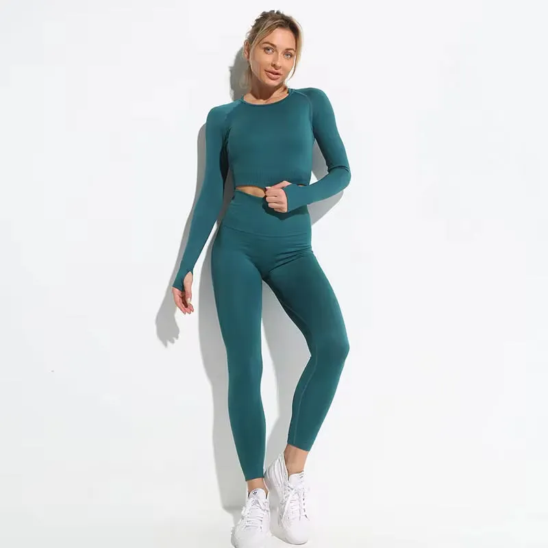 Seamless Hyperflex Women's Athletic Workout Set: Long Sleeve Crop Top and High Waist Leggings (2 Pieces)
