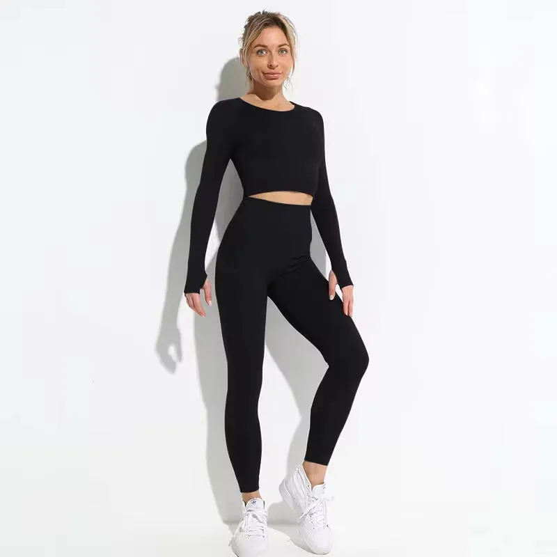 Seamless Hyperflex Women's Athletic Workout Set: Long Sleeve Crop Top and High Waist Leggings (2 Pieces)