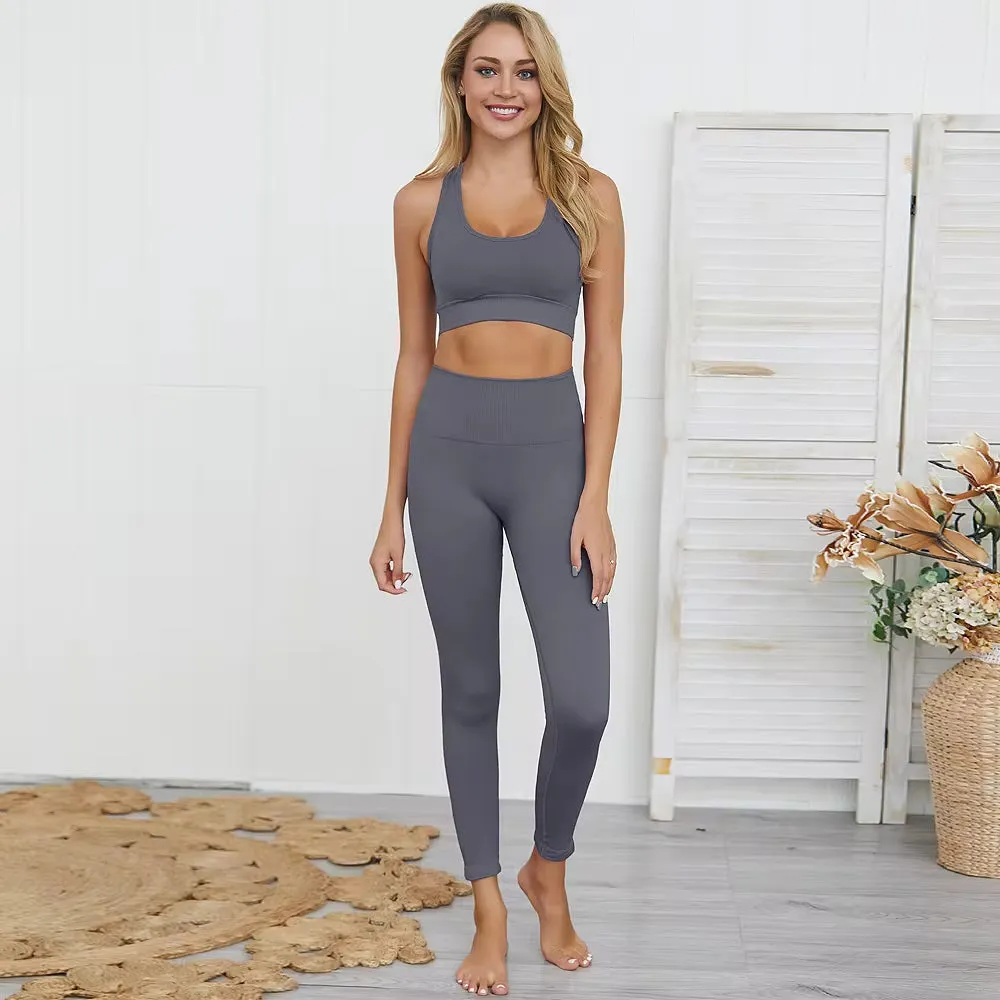Seamless Hyperflex Women's Athletic Workout Set: Long Sleeve Crop Top and High Waist Leggings (2 Pieces)