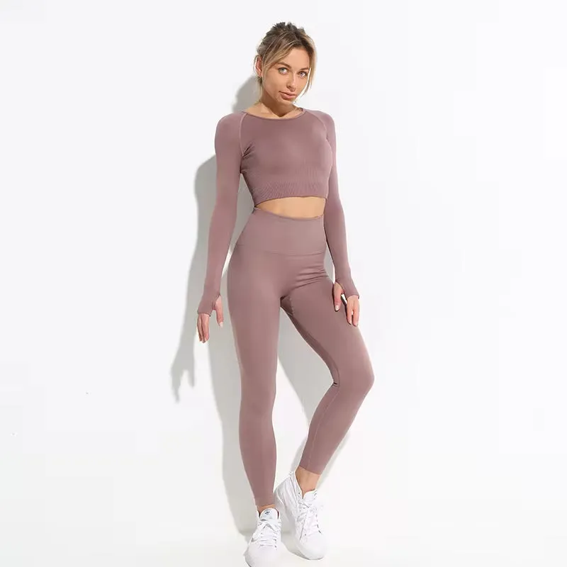 Seamless Hyperflex Women's Athletic Workout Set: Long Sleeve Crop Top and High Waist Leggings (2 Pieces)