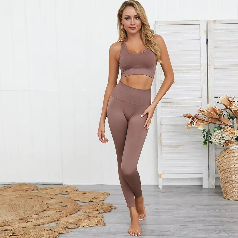 Seamless Hyperflex Women's Athletic Workout Set: Long Sleeve Crop Top and High Waist Leggings (2 Pieces)