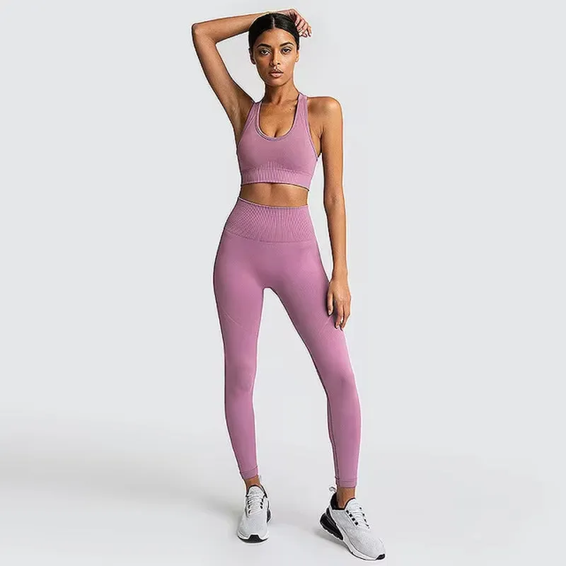Seamless Hyperflex Women's Athletic Workout Set: Long Sleeve Crop Top and High Waist Leggings (2 Pieces)