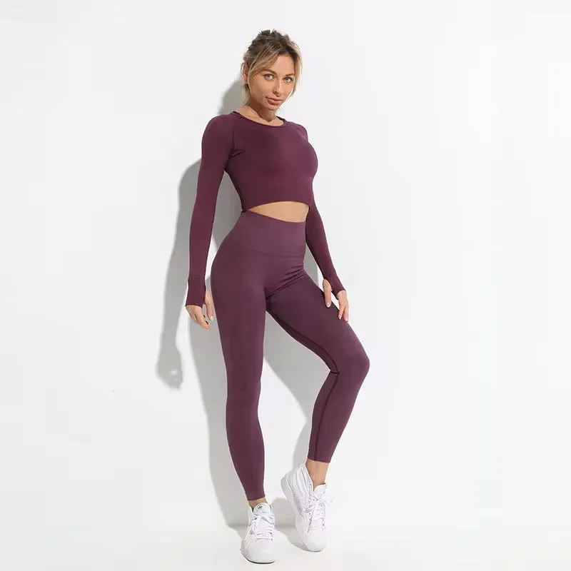 Seamless Hyperflex Women's Athletic Workout Set: Long Sleeve Crop Top and High Waist Leggings (2 Pieces)