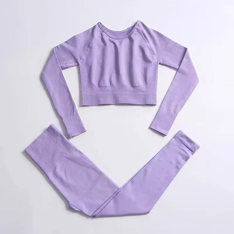 Seamless Hyperflex Women's Athletic Workout Set: Long Sleeve Crop Top and High Waist Leggings (2 Pieces)