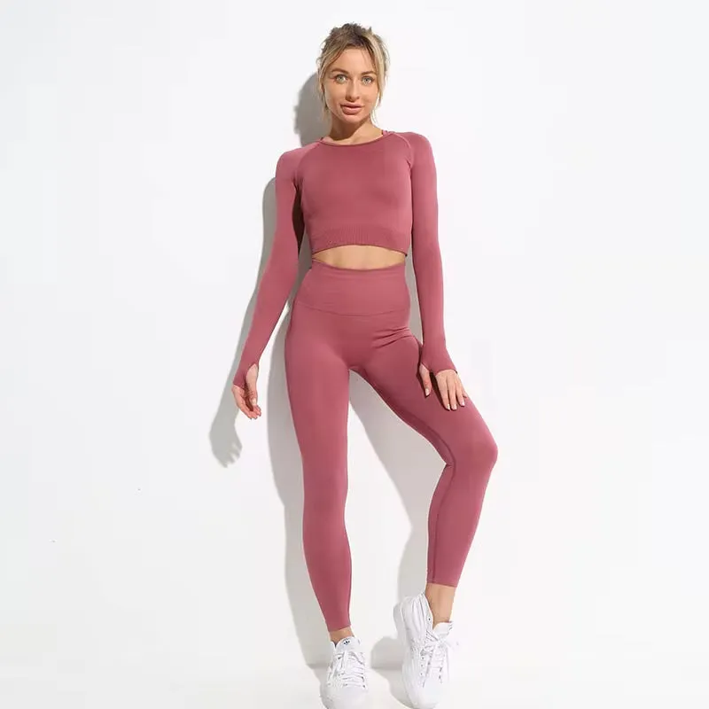 Seamless Hyperflex Women's Athletic Workout Set: Long Sleeve Crop Top and High Waist Leggings (2 Pieces)