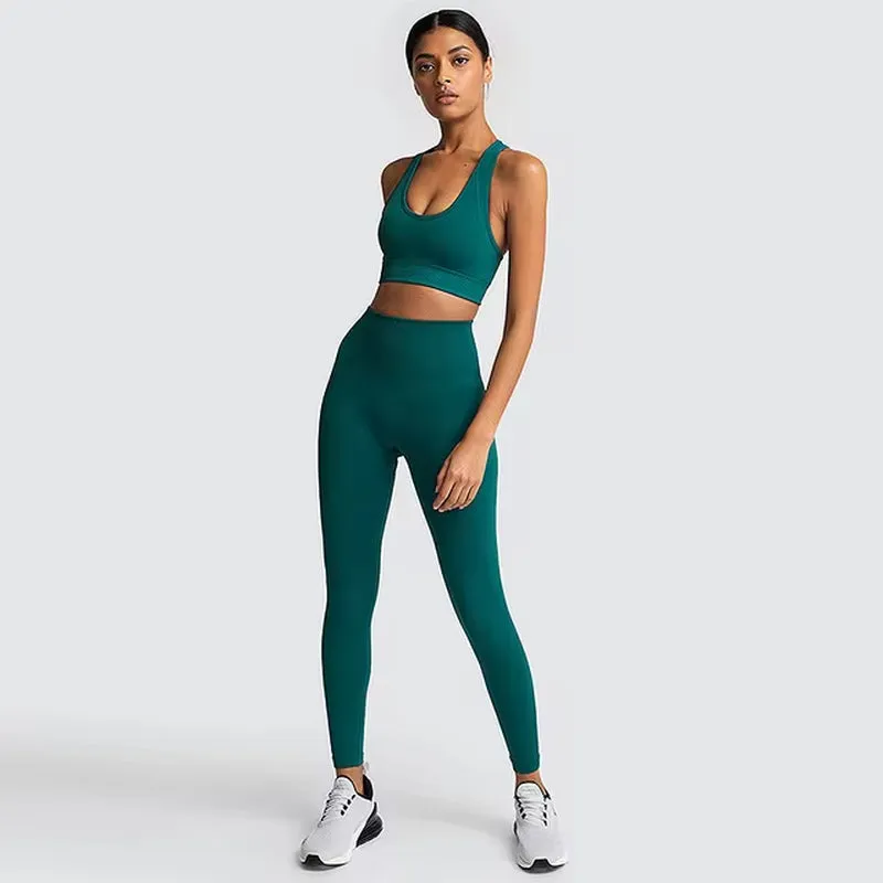 Seamless Hyperflex Women's Athletic Workout Set: Long Sleeve Crop Top and High Waist Leggings (2 Pieces)