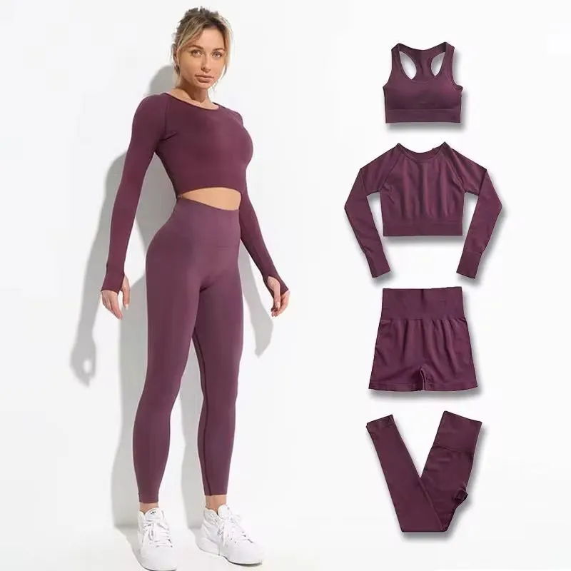 Seamless Hyperflex Women's Athletic Workout Set: Long Sleeve Crop Top and High Waist Leggings (2 Pieces)