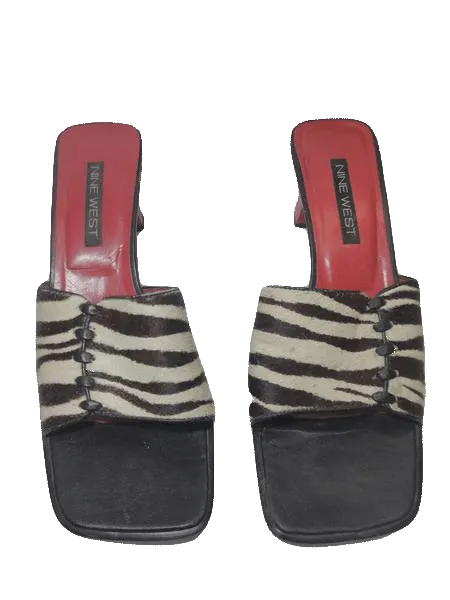 Shoes Nine West Black and White Calf Hair Peep Toe Slides Size 9N SKU 000131
