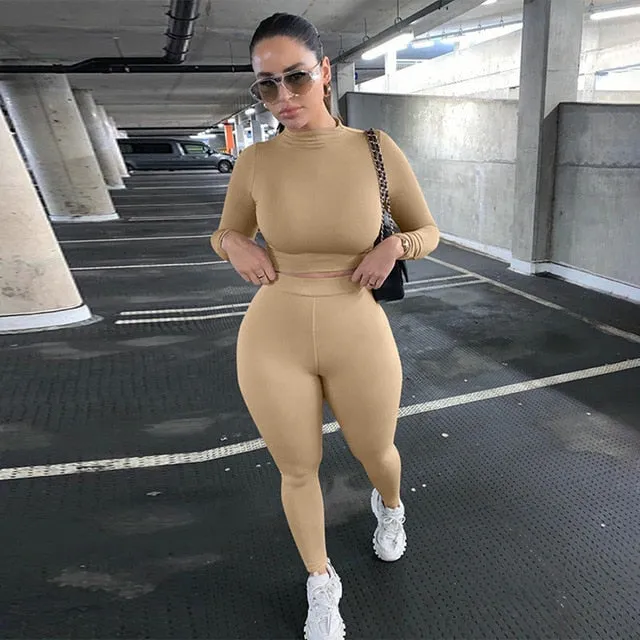 Two Piece Sets Women Tracksuits High Waist Stretchy Crop Tops And Leggings Matching Outfits