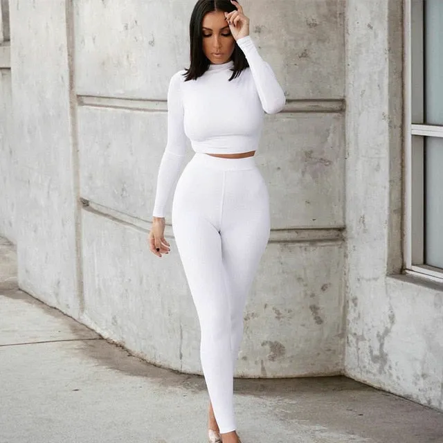 Two Piece Sets Women Tracksuits High Waist Stretchy Crop Tops And Leggings Matching Outfits