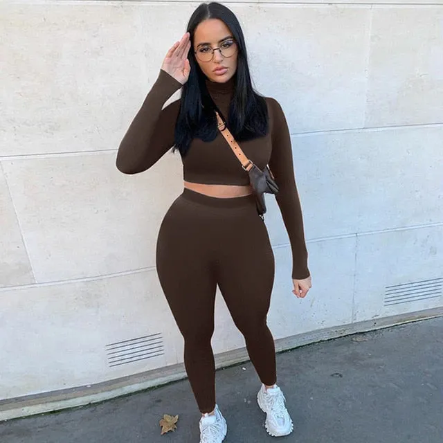 Two Piece Sets Women Tracksuits High Waist Stretchy Crop Tops And Leggings Matching Outfits