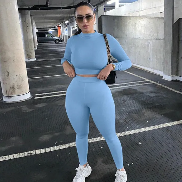Two Piece Sets Women Tracksuits High Waist Stretchy Crop Tops And Leggings Matching Outfits