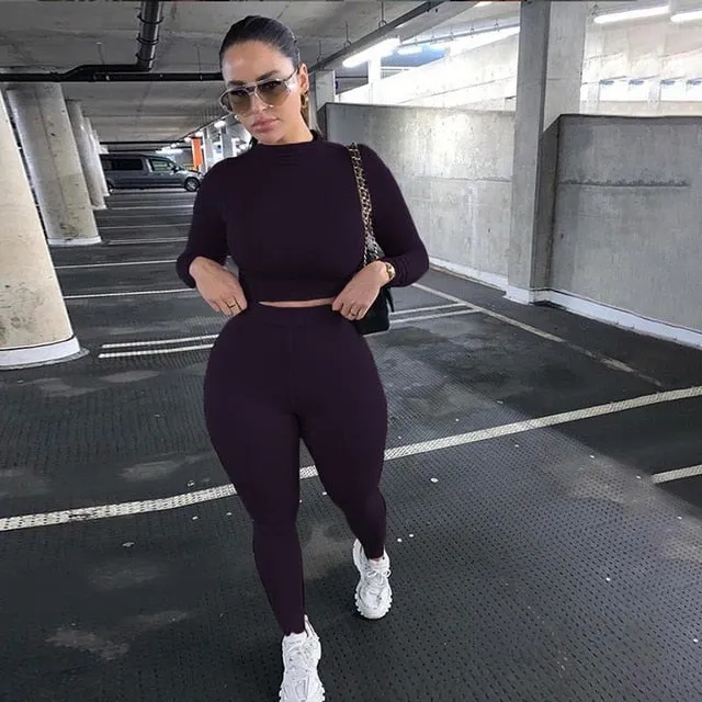 Two Piece Sets Women Tracksuits High Waist Stretchy Crop Tops And Leggings Matching Outfits