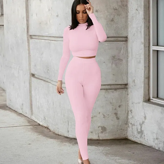 Two Piece Sets Women Tracksuits High Waist Stretchy Crop Tops And Leggings Matching Outfits