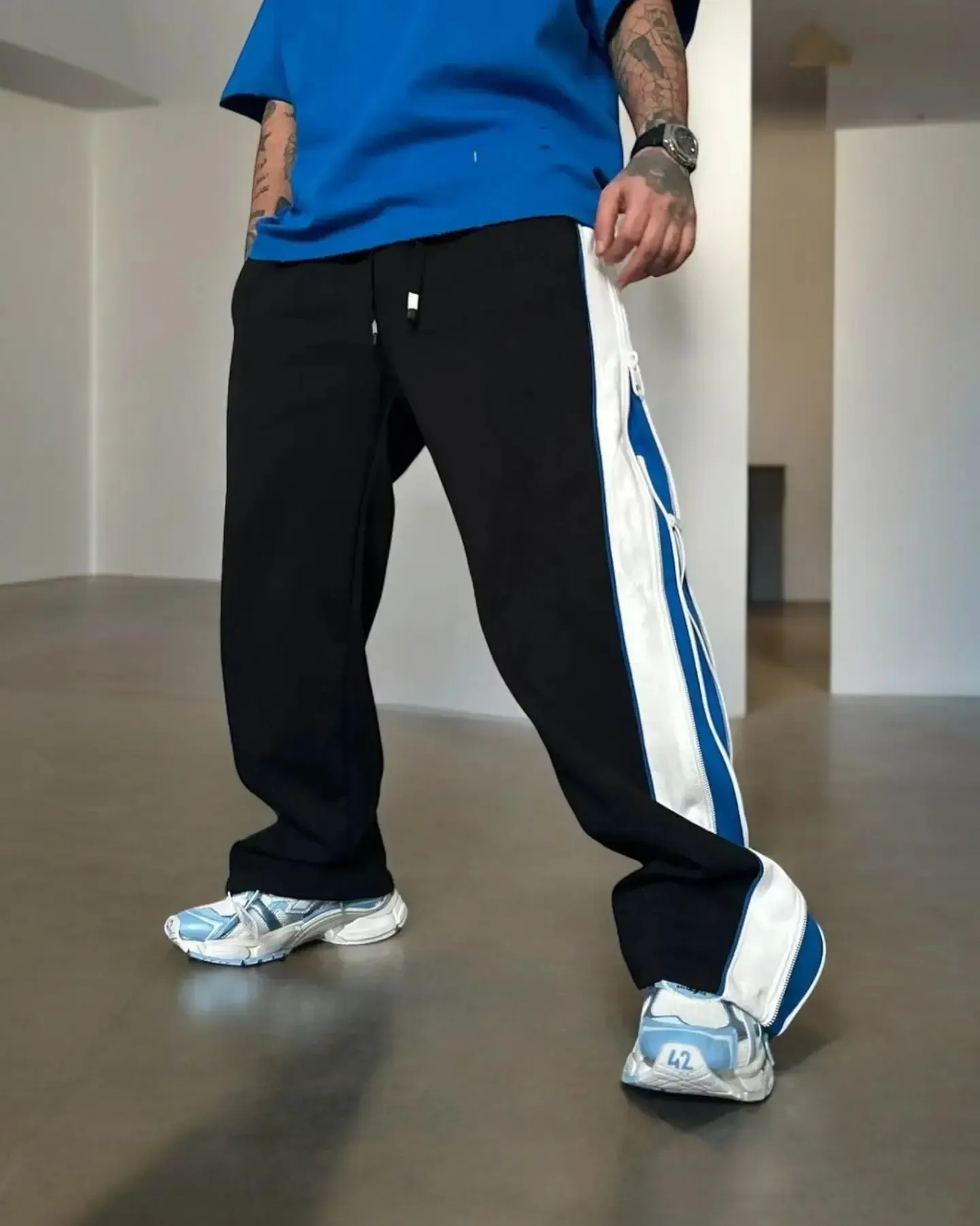 Vintage Relax Fit Wide Leg With Double Zip Baggy Sweatpants Joggers For Mens