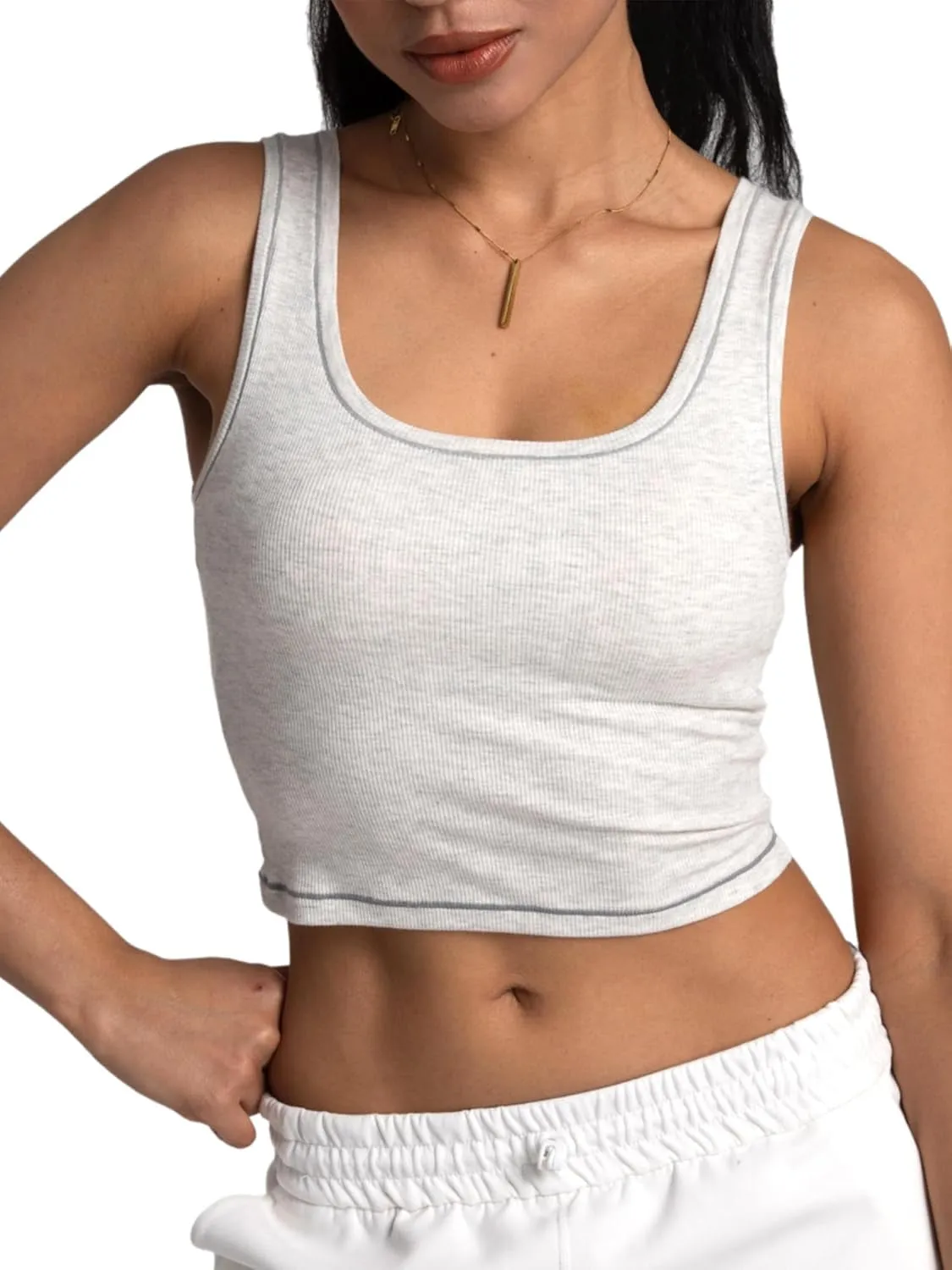 Women Rib Tank Top Padded Workout Top Square Neck Crop Tank Fitted Basic Cami Tops