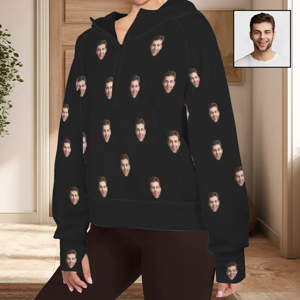 Women's Half Zip Cropped Hoodies Custom Big Face Fleece Athletic Pullover Hoodies with Pockets Thumb Hole