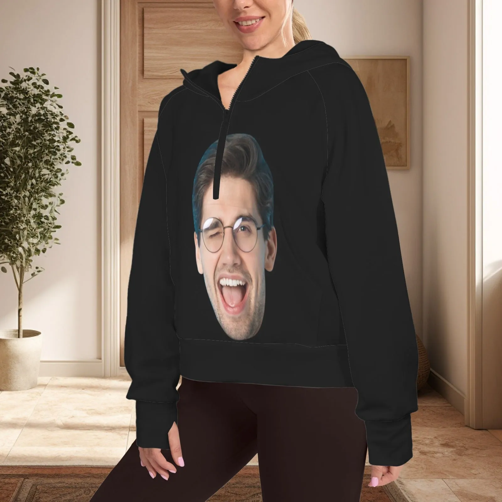 Women's Half Zip Cropped Hoodies Custom Big Face Fleece Athletic Pullover Hoodies with Pockets Thumb Hole