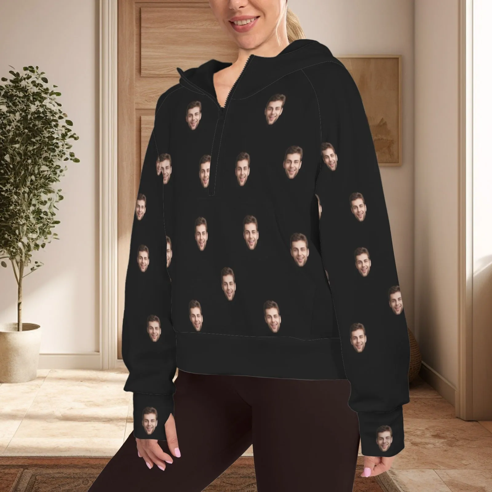 Women's Half Zip Cropped Hoodies Custom Big Face Fleece Athletic Pullover Hoodies with Pockets Thumb Hole
