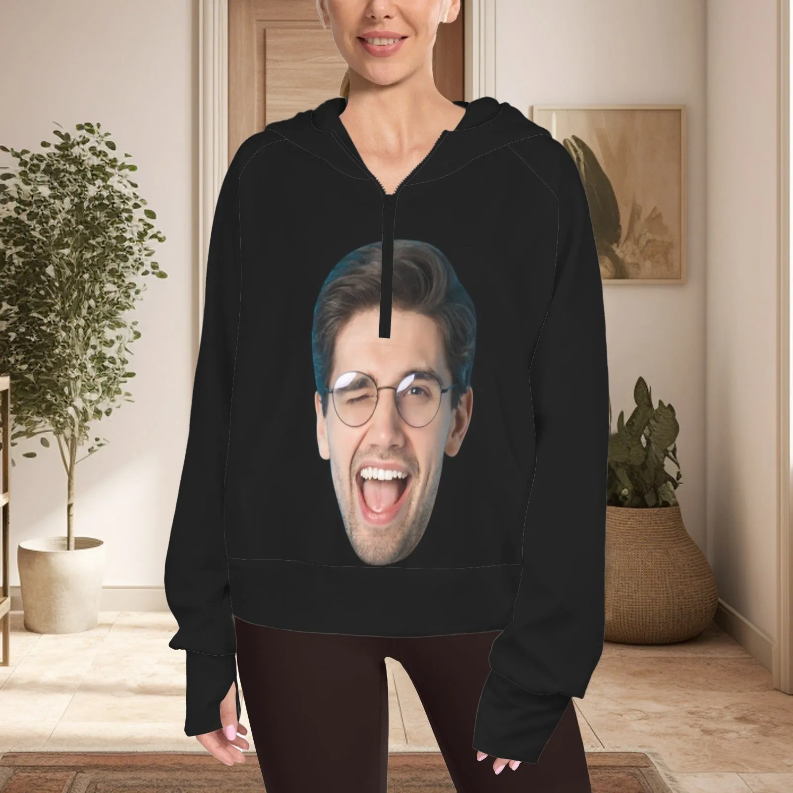 Women's Half Zip Cropped Hoodies Custom Big Face Fleece Athletic Pullover Hoodies with Pockets Thumb Hole
